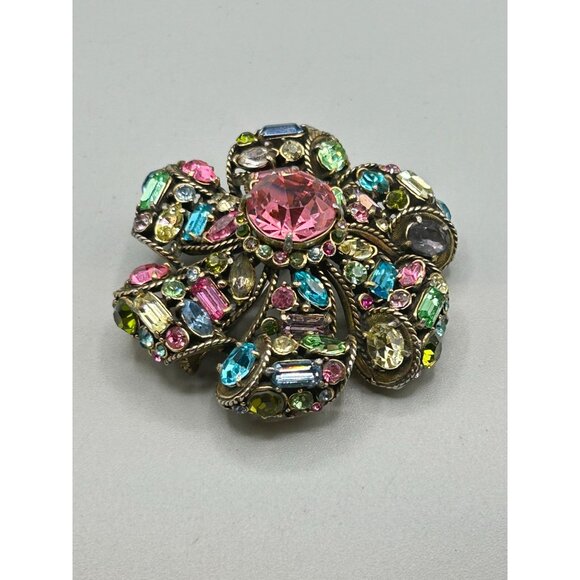 Vtg Hollycraft Pin Brooch Flower Glowing Green Stones Pink Pastels Rhinestones - Picture 7 of 8